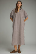 Gingham collared V-neck short puff sleeve midi dress
