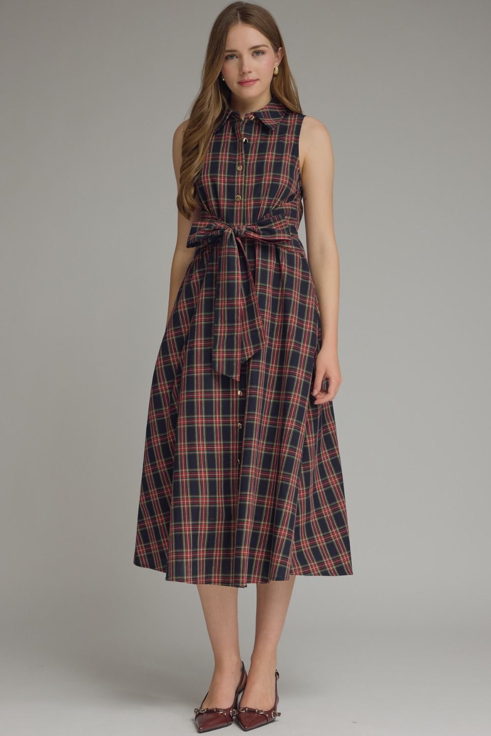 Plaid Sleeveless Midi Dress - Navy