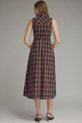 Plaid Sleeveless Midi Dress - Navy