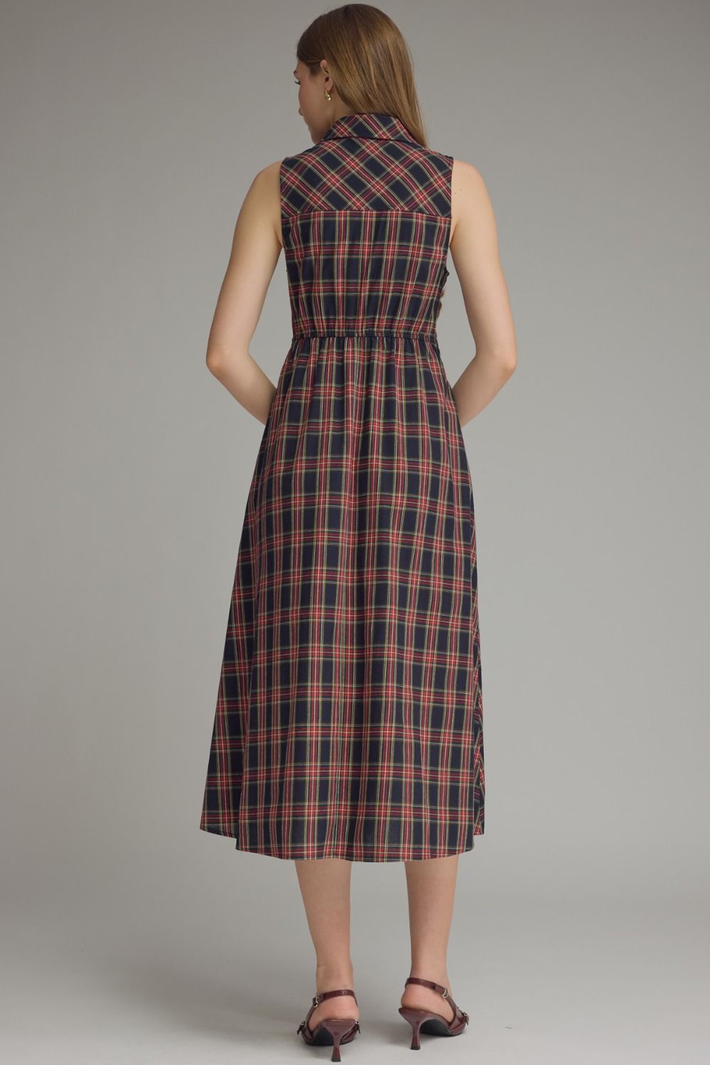 Plaid Sleeveless Midi Dress - Navy