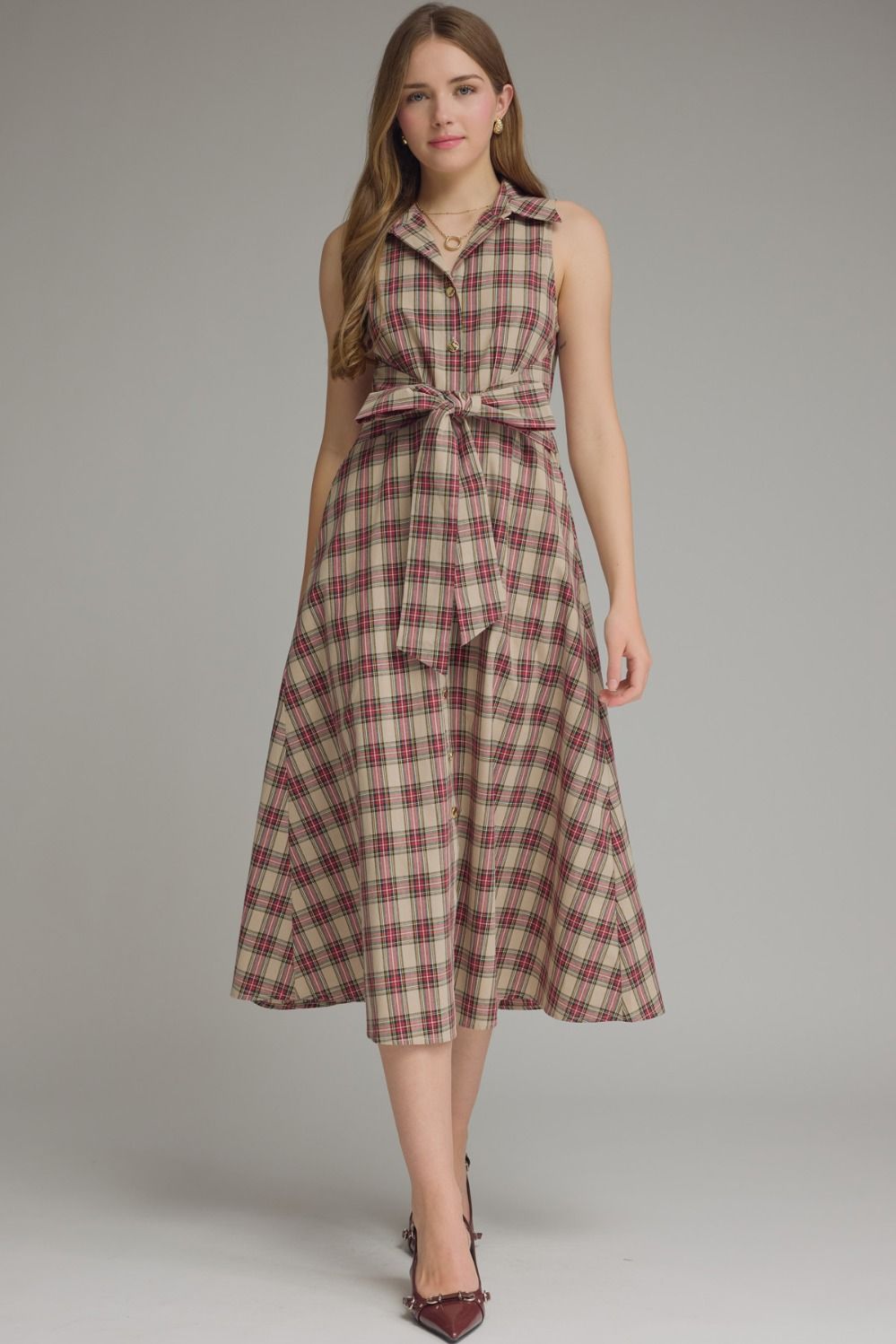 Plaid Collared Midi Dress - Taupe