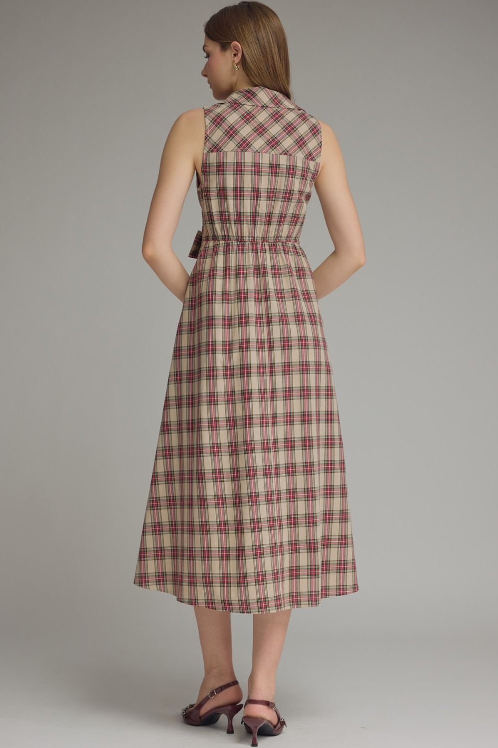 Plaid Collared Midi Dress - Taupe