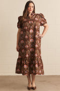 plus size Floral print short puff sleeve midi dress