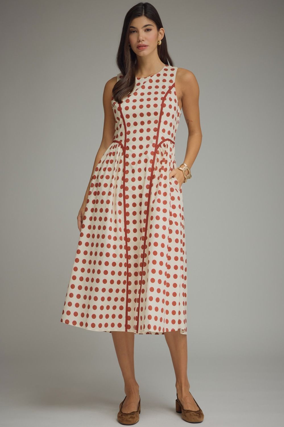 Rust Polka dot sleeveless midi dress