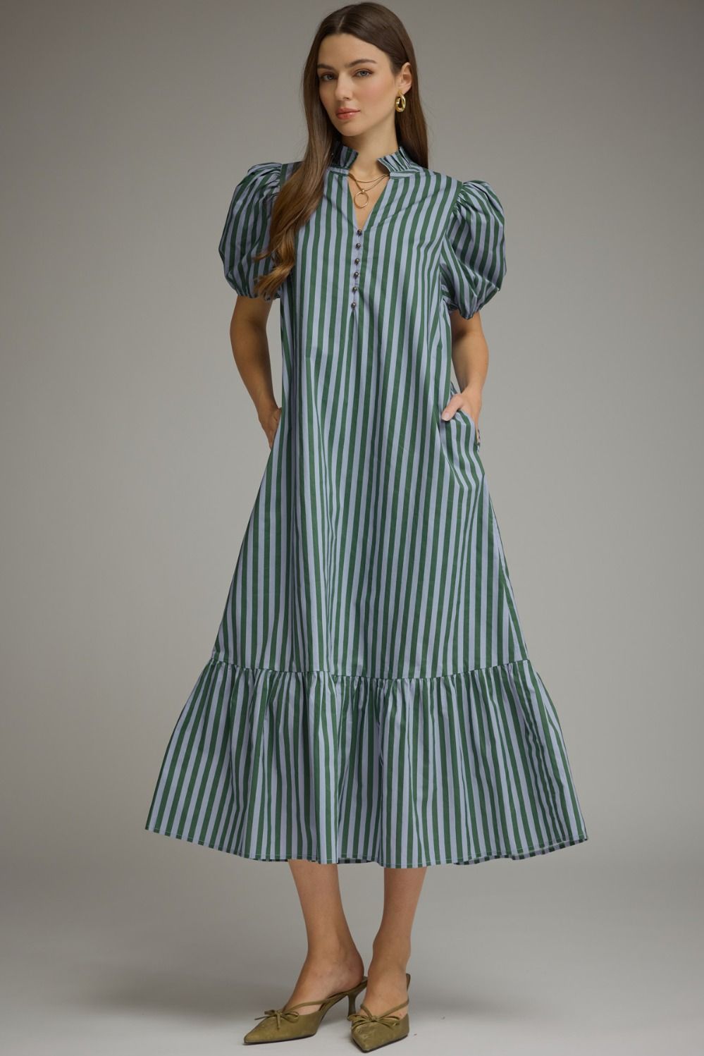 Hunter green/Blue Stripe short puff sleeve midi dress