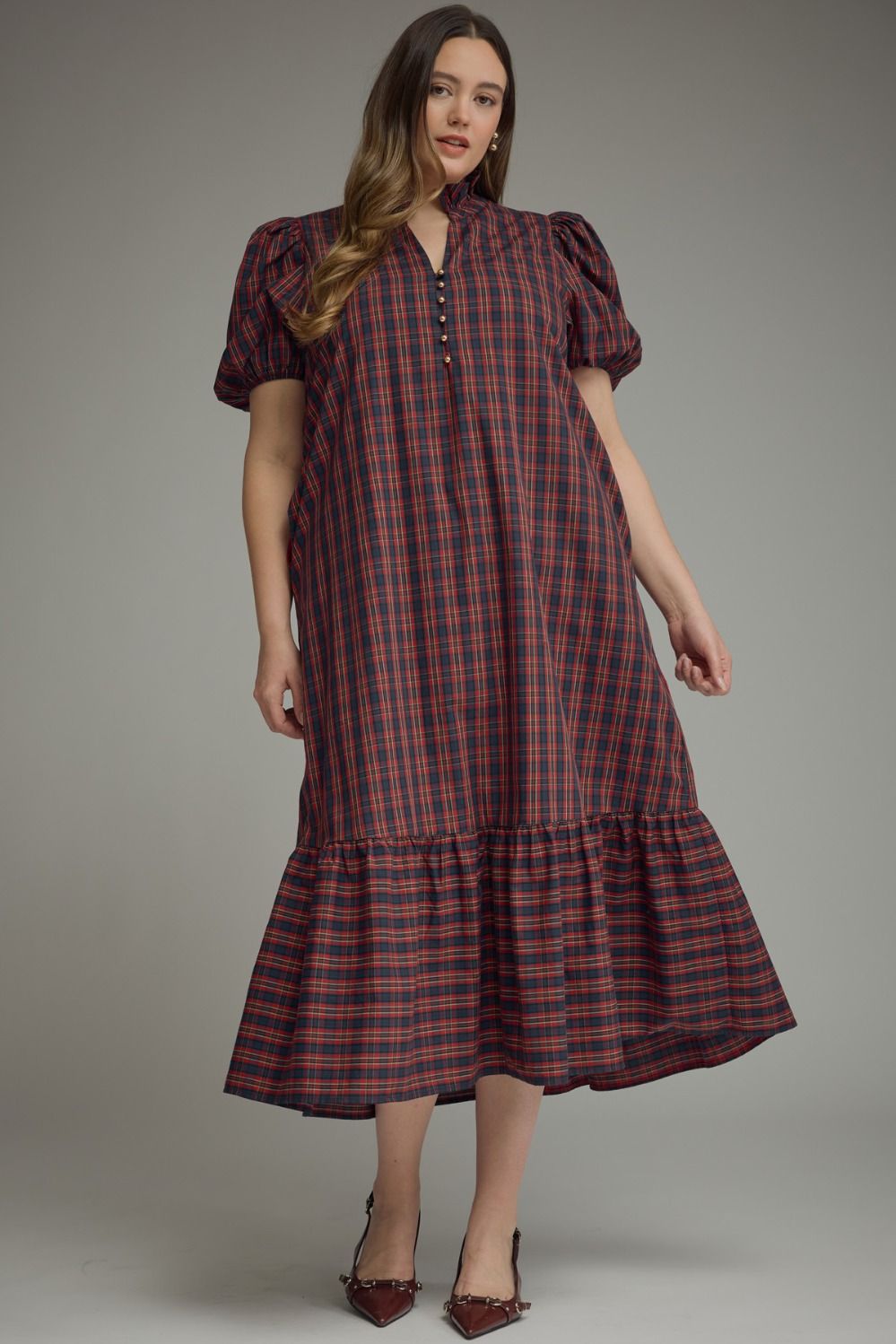 plus size puff sleeve midi dress