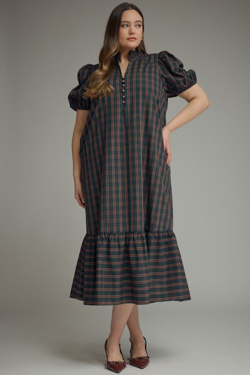 Plus Size Plaid puff sleeve Midi