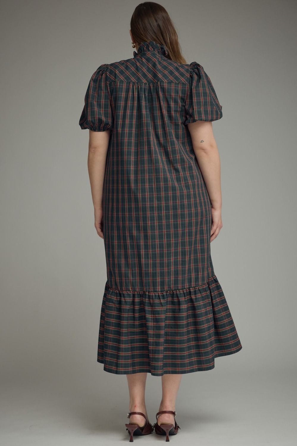 Plus Size Plaid puff sleeve Midi