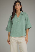 Gingham 3/4 sleeve top featuring V-neck collar detail