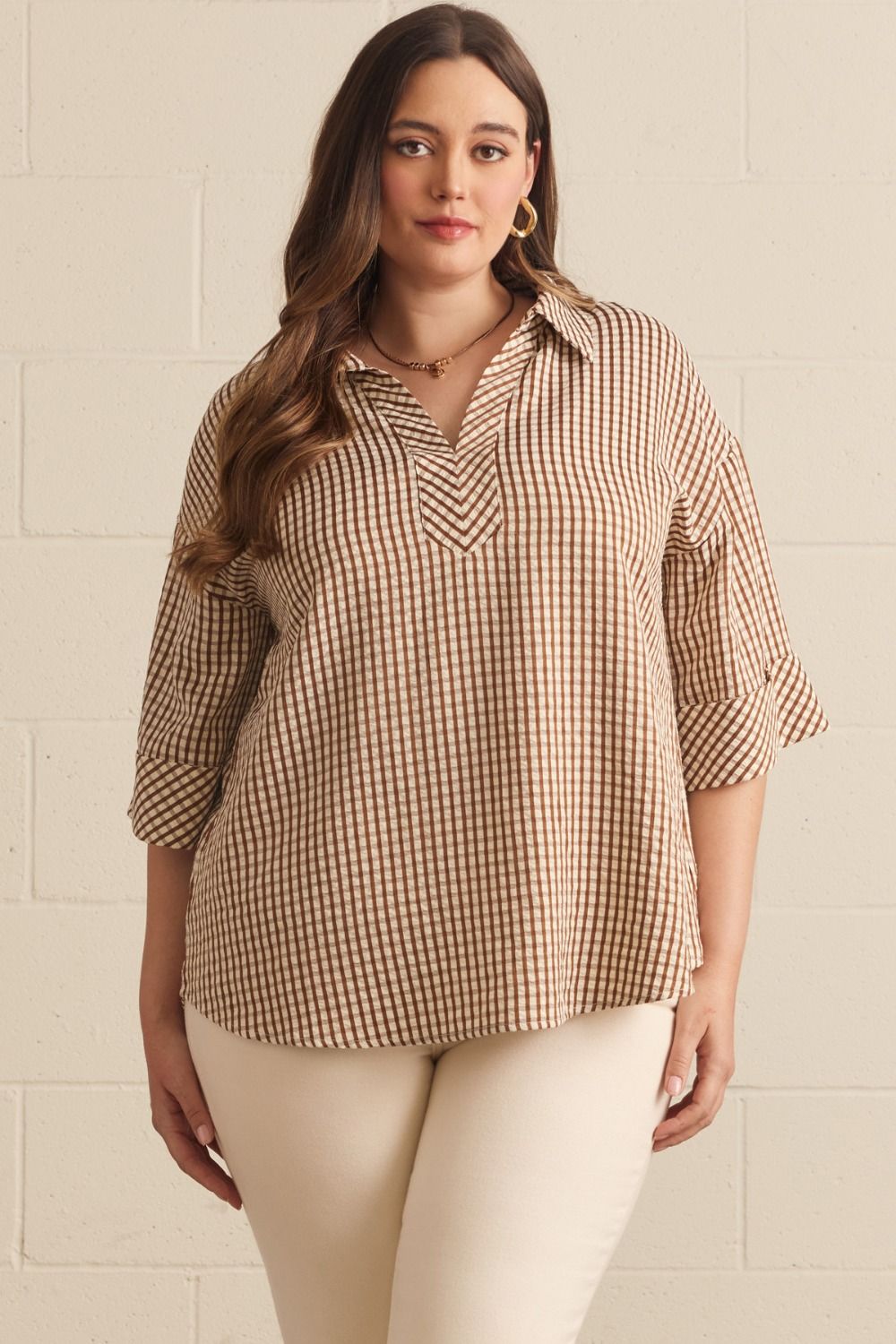 PLUS SIZE - The Main Street Brown Gingham Top