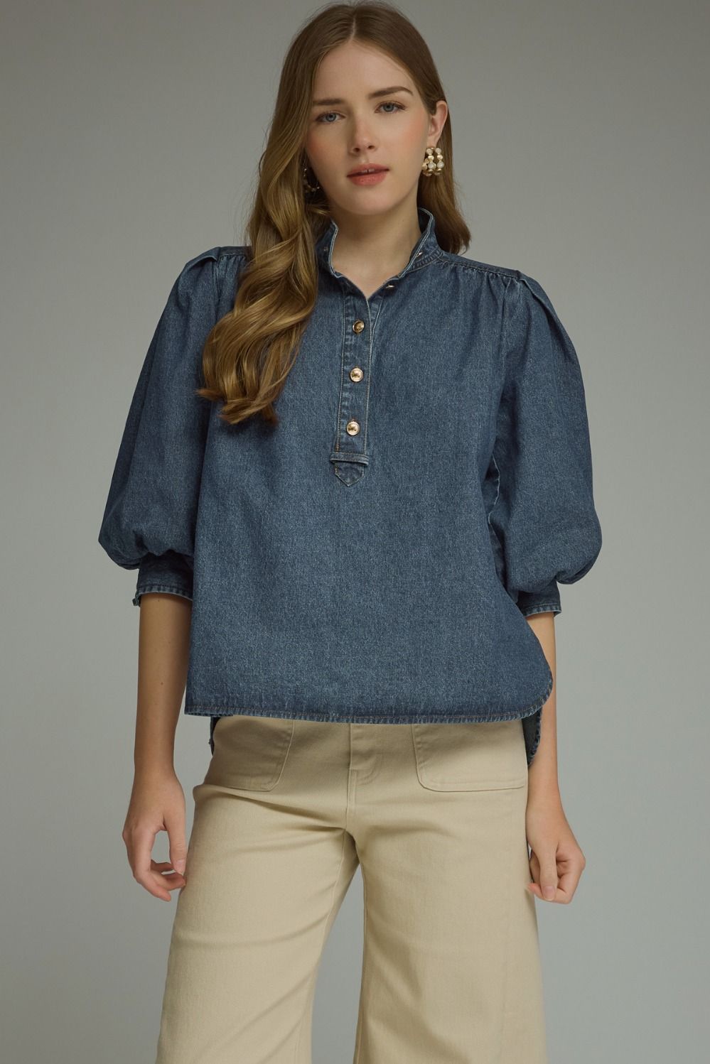 Solid ¾ puff sleeve dark denim top