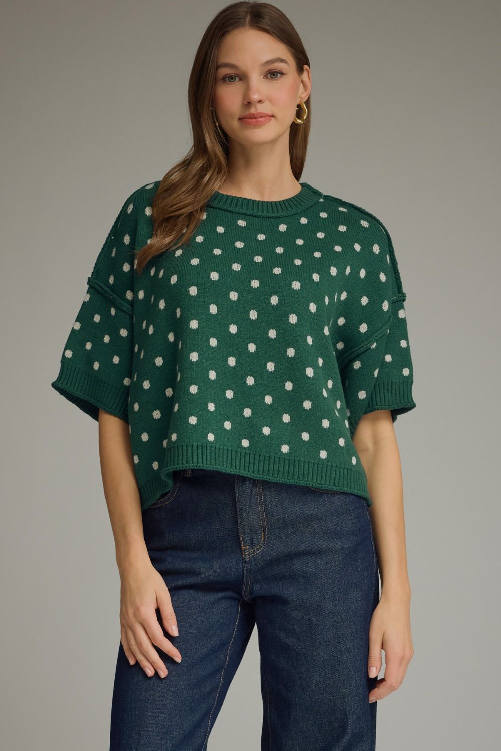 Hunter Green Polka dot round neck short sleeve sweater