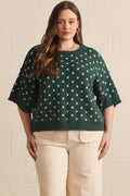plus- Polka dot round neck short sleeve sweater knit top