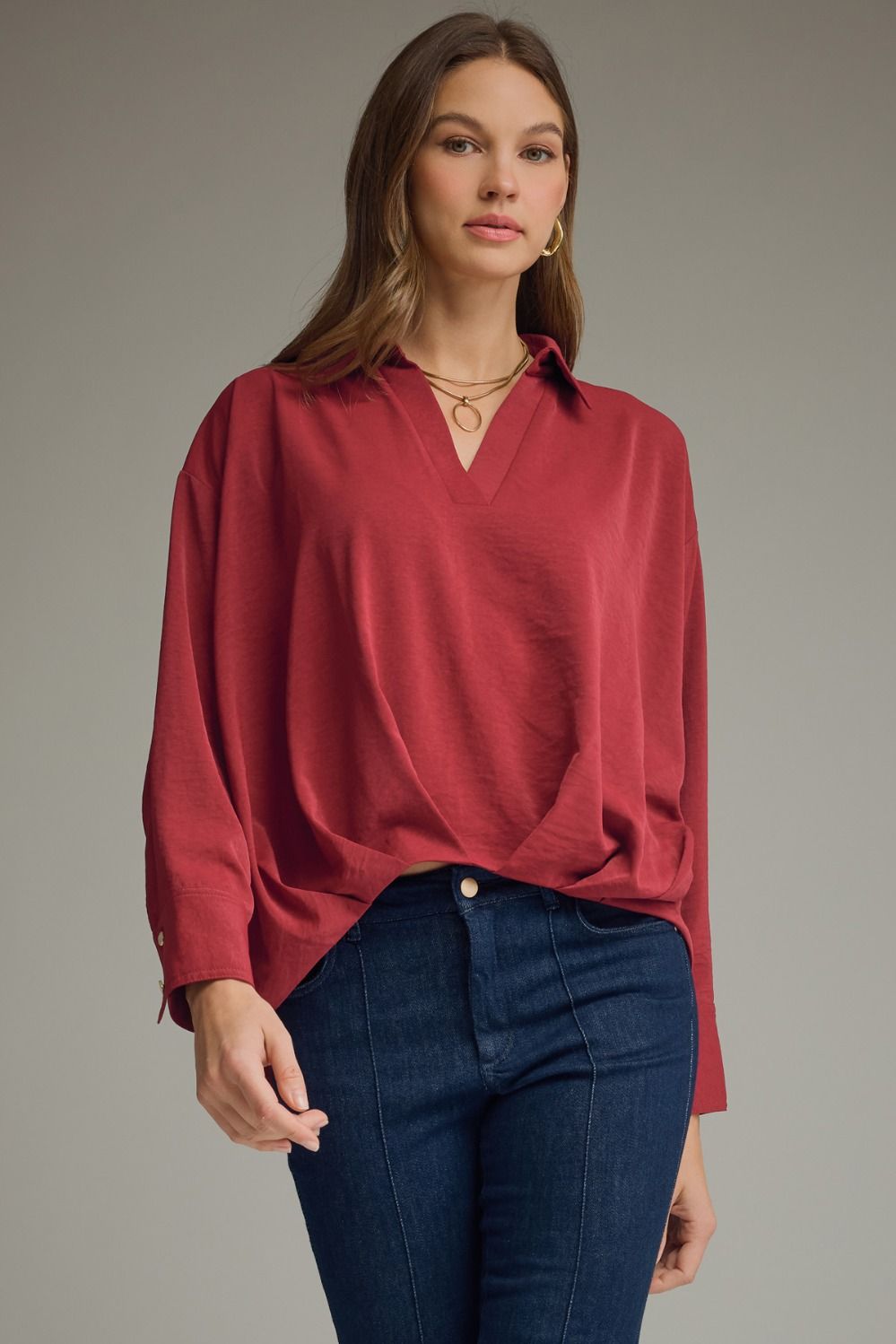 Solid collared long sleeve top