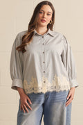 Chambray Plus Striped Print Slay Sleeves Knit Top
