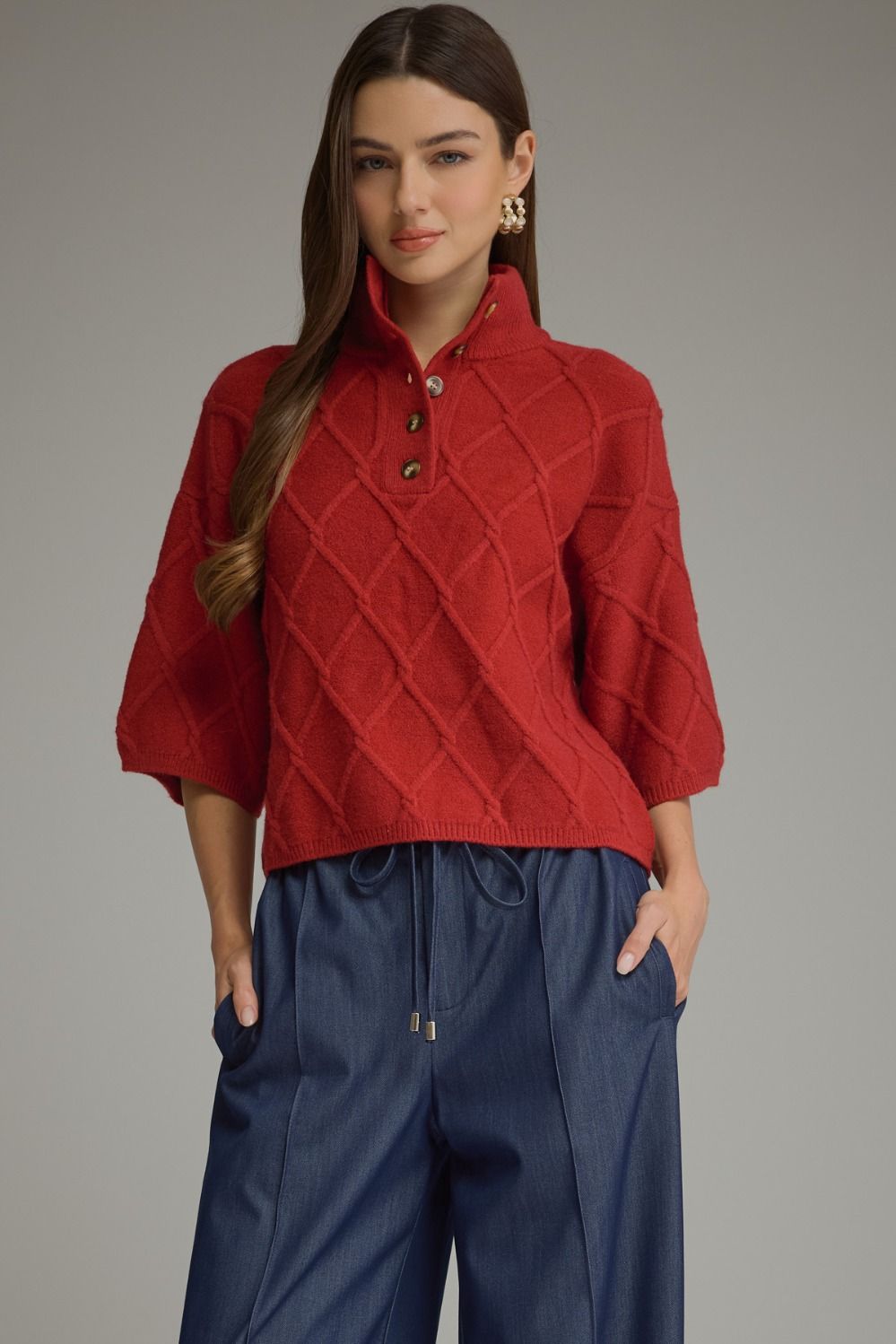 Diamond textured partial button sweater