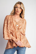 PLUS SIZE-TROPICAL PRINT PEACH BLOSSOM PEPLUM TOP