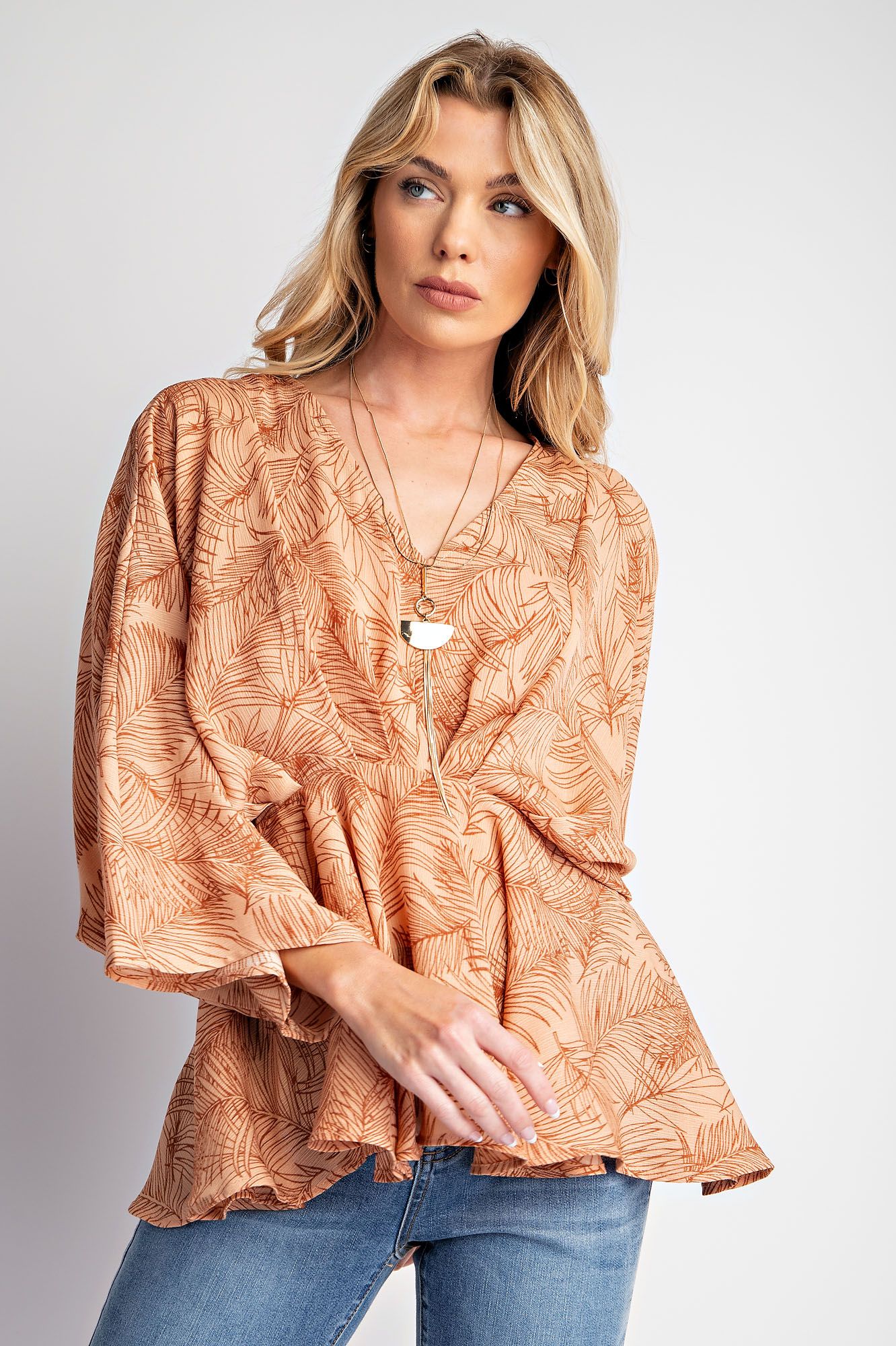 PLUS SIZE-TROPICAL PRINT PEACH BLOSSOM PEPLUM TOP