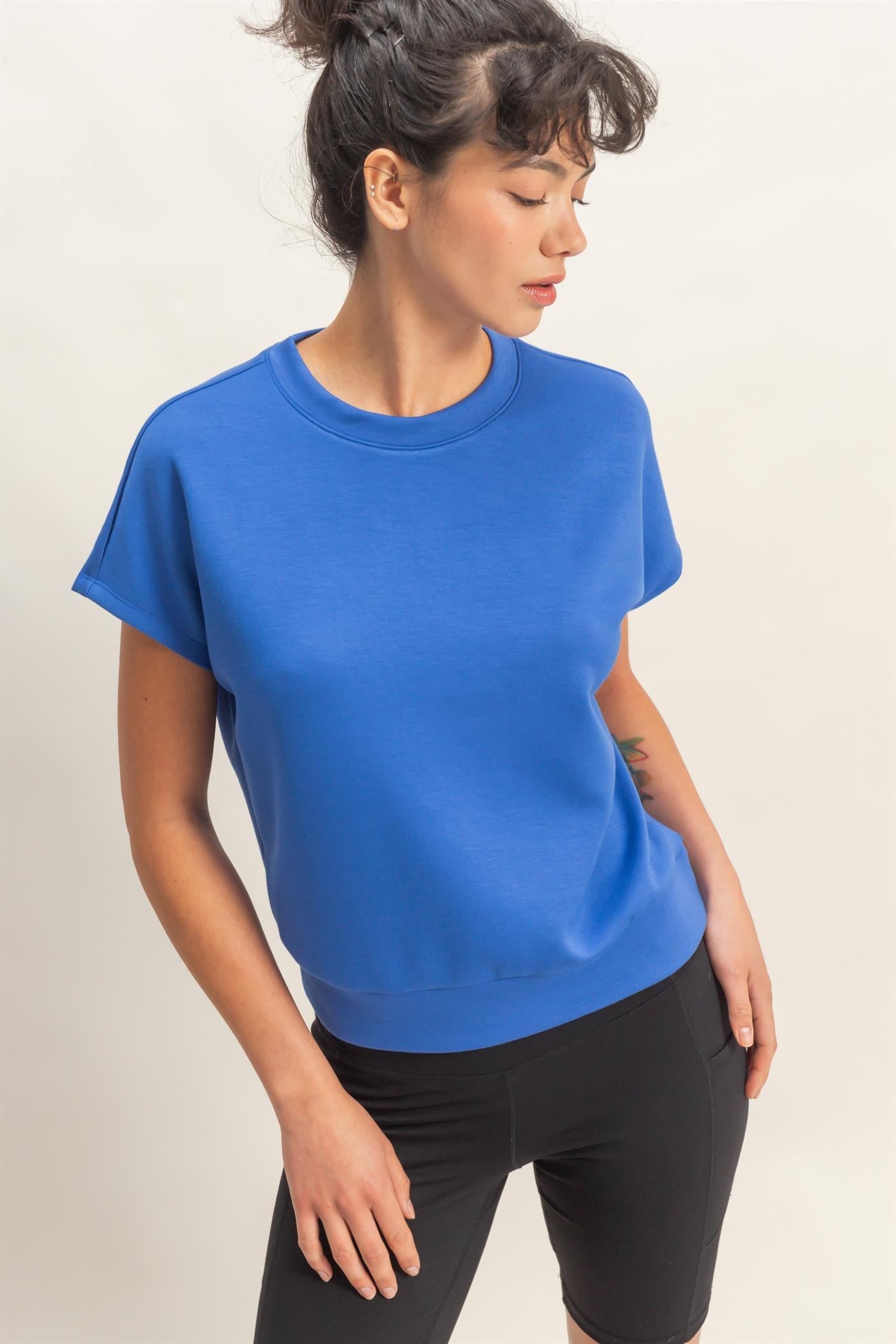 Cobalt Blue Crew Neck Short Dolman Sleeve Top