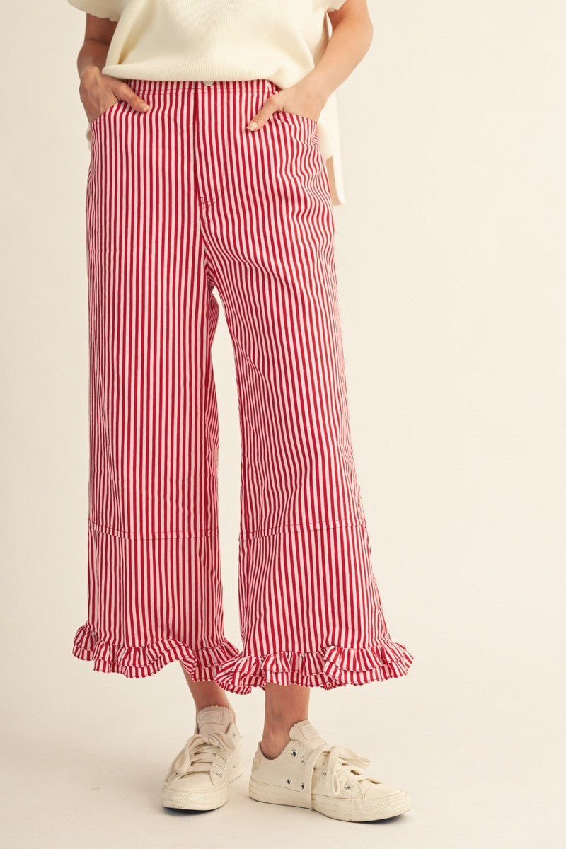 Ruffle Hem Accent Stripe Casual Pants