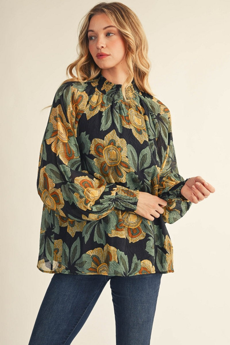 Smocking Detail Floral Blouse