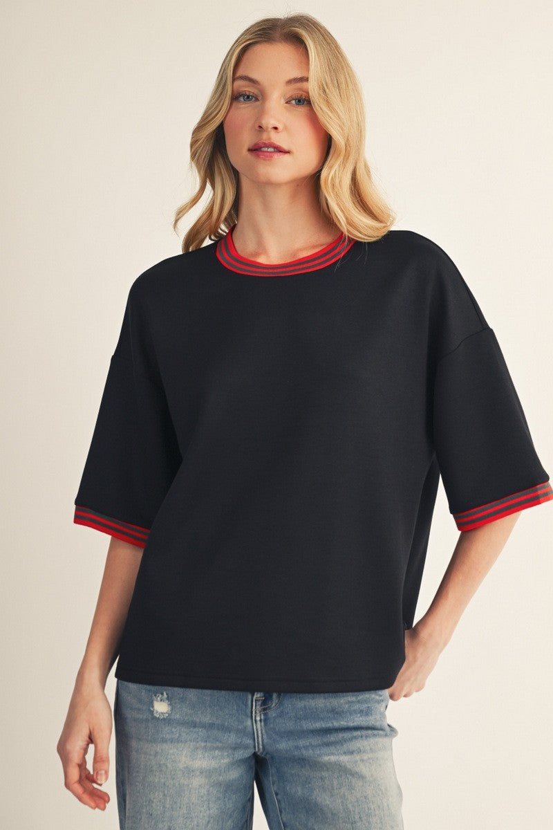 Color Rib Band Detail Solid Knit Top