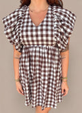 Gingham Bubble Sleeves Back Smocked Dress