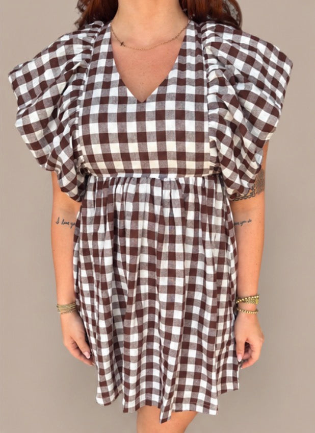 Gingham Bubble Sleeves Back Smocked Dress