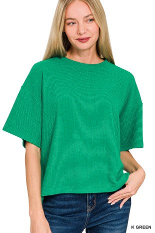 Plus double knit side slits hi low short sleeve top