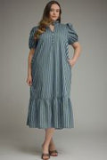 PLUS SIZE- Stripe Short Puff-Sleeve Midi Dress