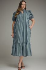 PLUS SIZE- Stripe Short Puff-Sleeve Midi Dress