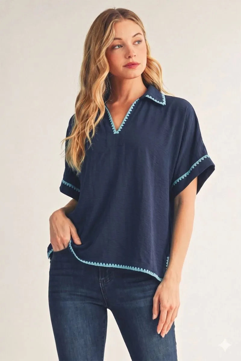 Scalloped Embroidered Solid Crinkle Blouse