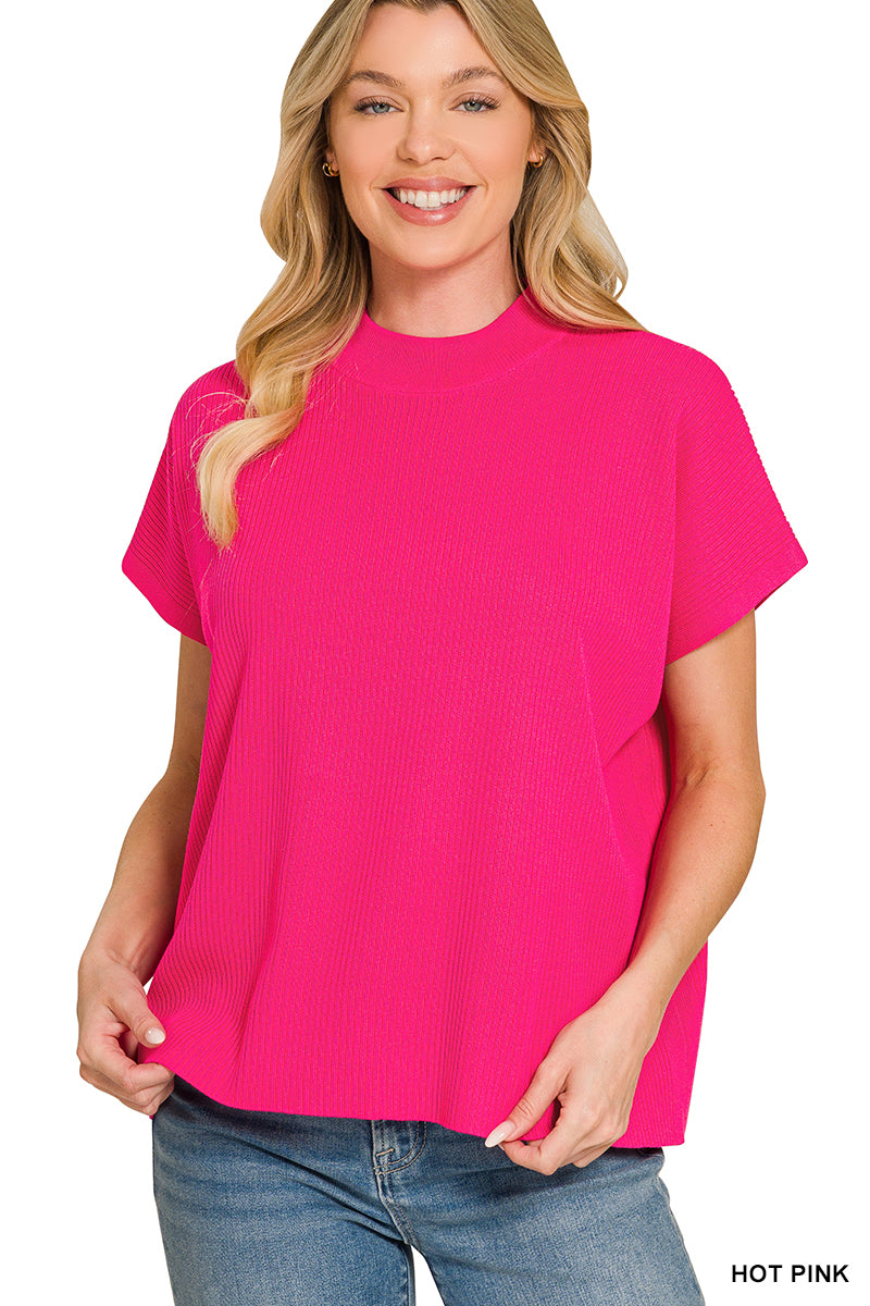 Viscose Mock Neck Short Sleeve Boxy Sweater