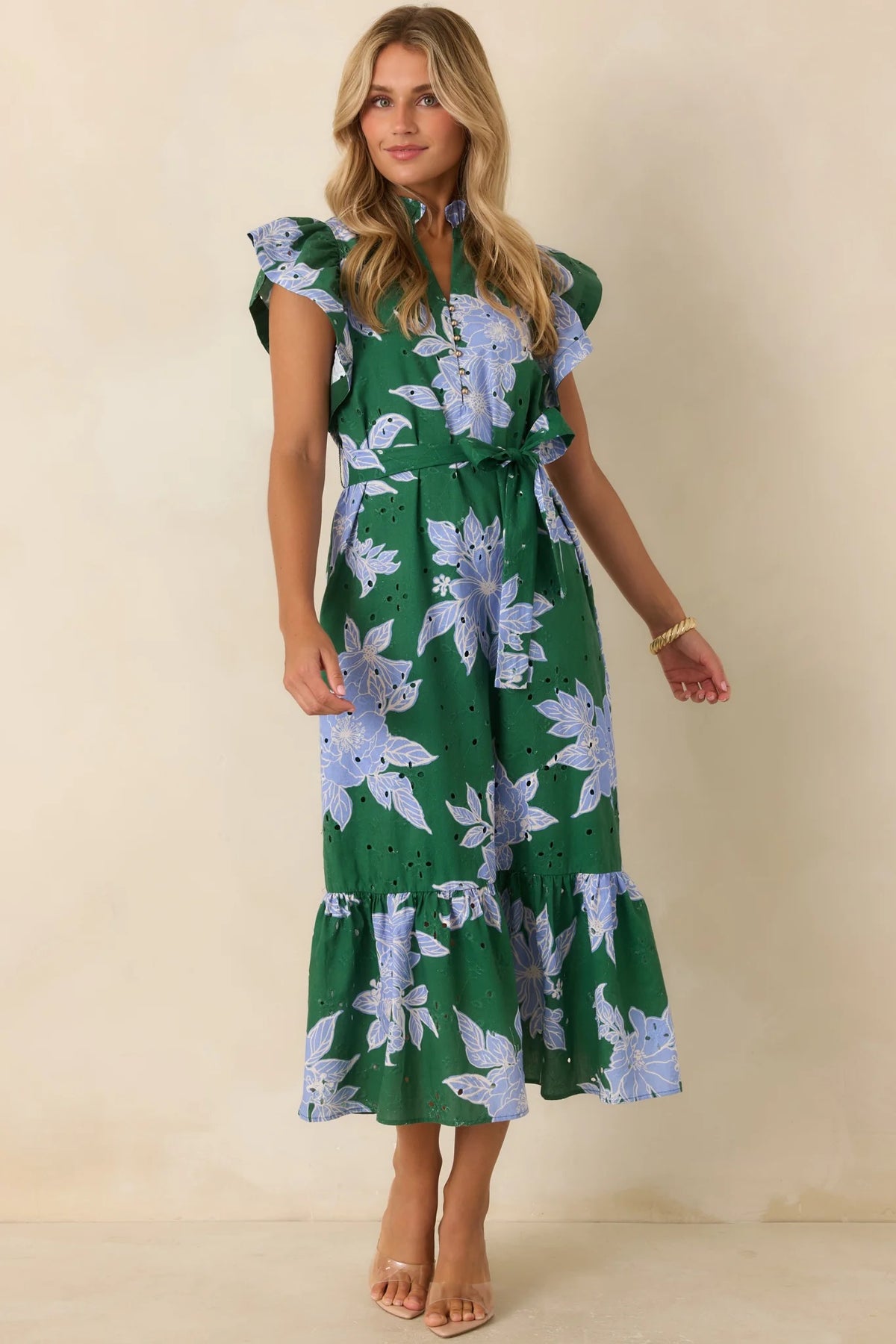 Green Floral print ruffle sleeve midi dress