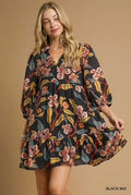 Black Mixed Floral Tiered Midi Dress