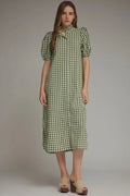 Olive Gingham short puff sleeve midi dress