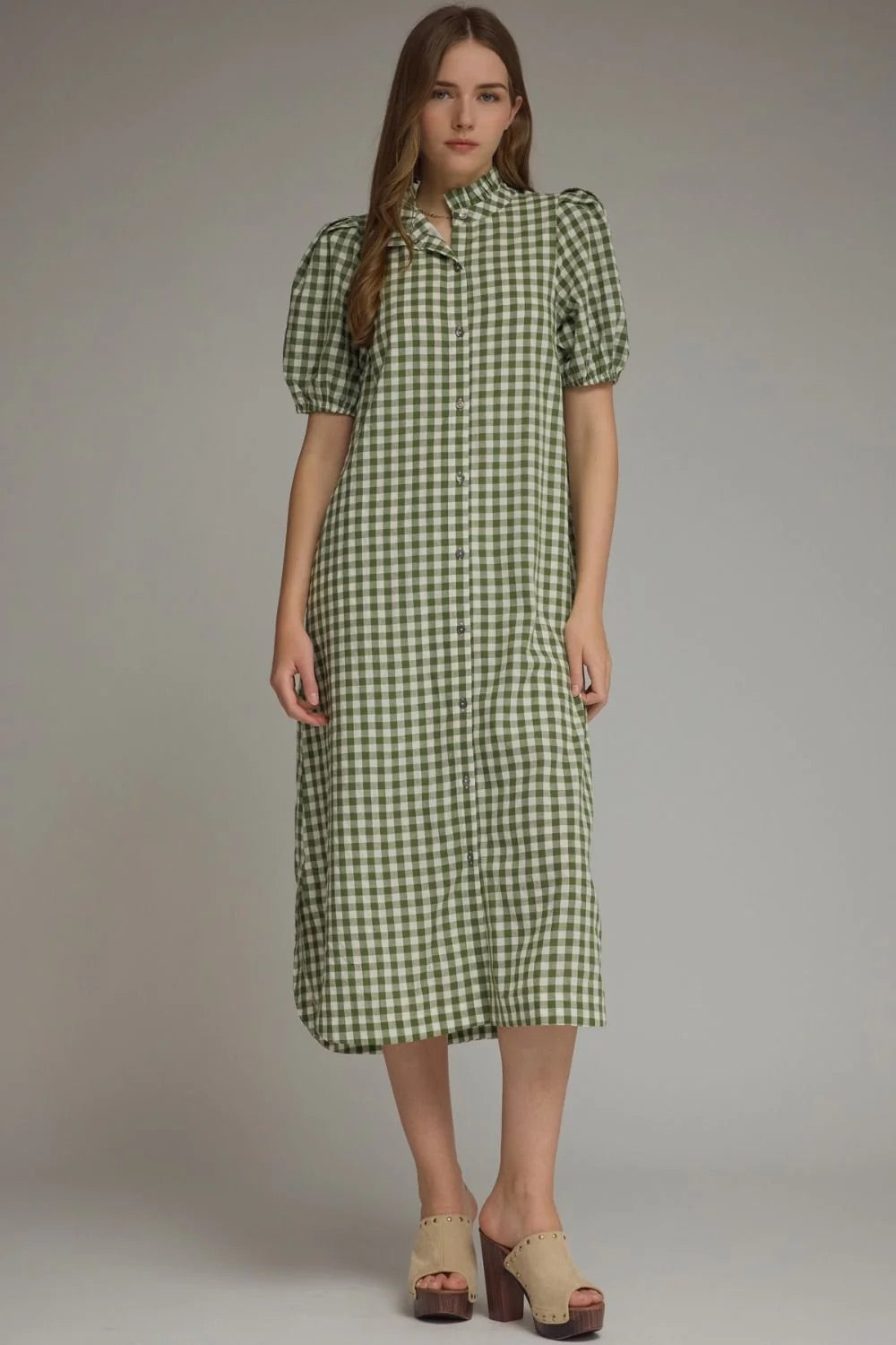 Olive Gingham short puff sleeve midi dress