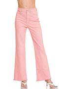 Pink Acid washed frayed cutoff hem straight wide pants