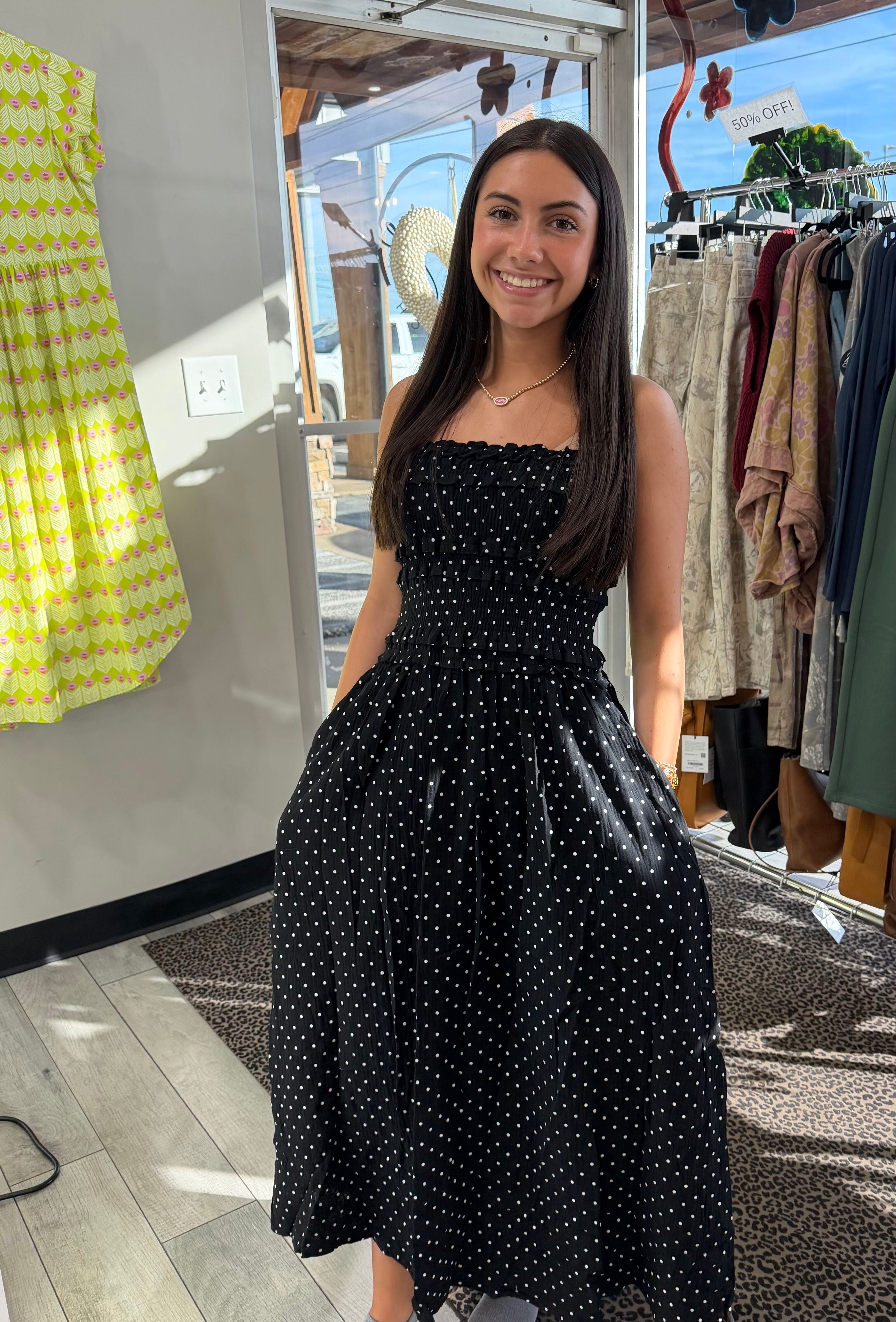 strapless black polka dot dress