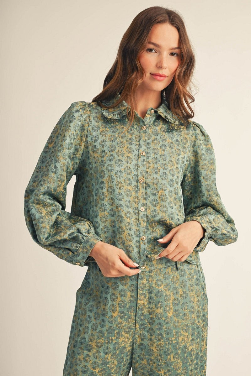Ruffled Collar Button Down Medallion Blouse