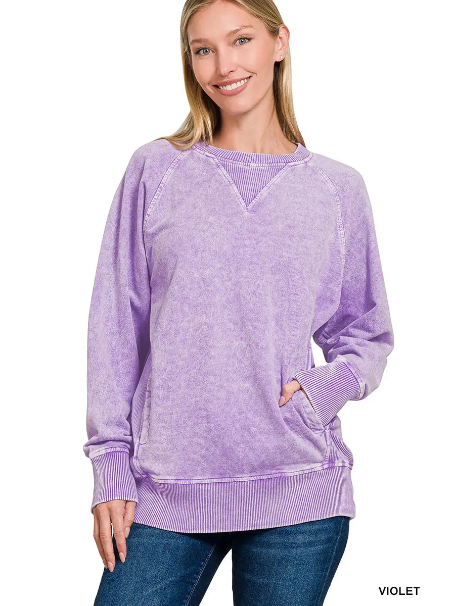 Halo Washed French Terry Round Neck Pullover- Violet