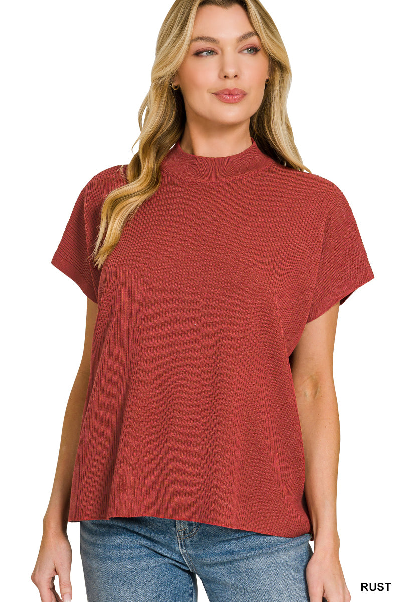 Viscose Mock Neck Short Sleeve Boxy Sweater