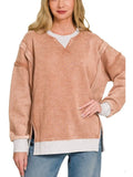 PLUS SIZE- Fleece Acid Washed Contrast Trim Pullover