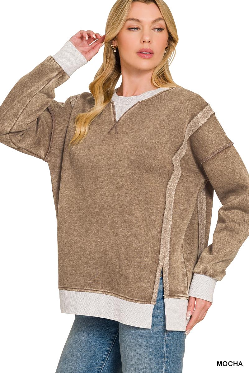 Fleece acid washed contrast trim pullover