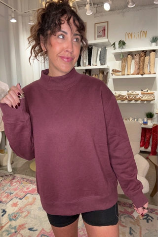 Mock Neck Fleece Sweatshirt - Wine
