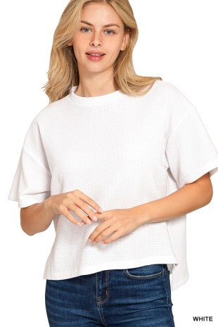 Plus double knit side slits hi low short sleeve top