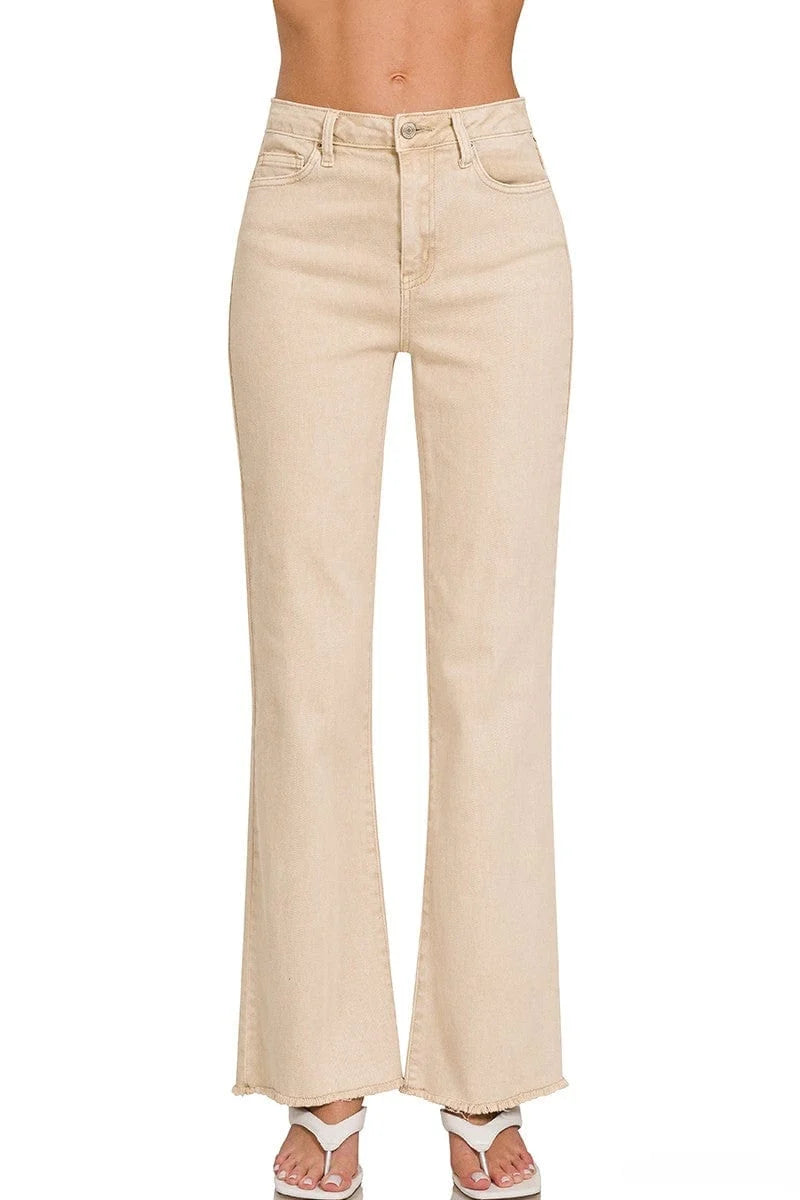 Ash Mocha Acid washed frayed cutoff hem straight wide pants